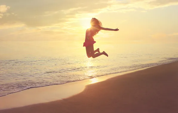 The sun, Sea, Beach, Girl, Jump