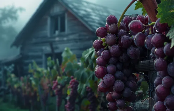 Blue, fog, house, garden, grapes, haze, vineyard, twilight