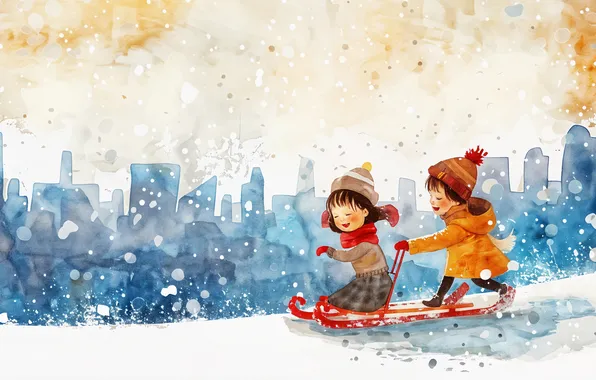 Winter, the sky, snow, joy, children, childhood, the city, hat