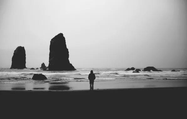 Picture waves, beach, rocks, man, shadows, troubled sea, gray clouds