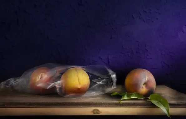 Cracked, wall, paint, package, still life, peaches, purple background