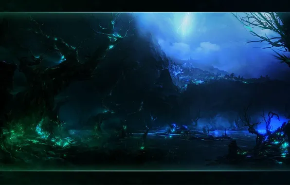 City, green, dark, fantasy, landscape, lightning, blue, water