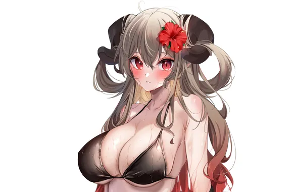 Girl, sexy, wet, cleavage, flower, horns, long hair, boobs