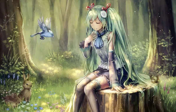Forest, girl, birds, animals, anime, Hatsune Miku, Vocaloid, art