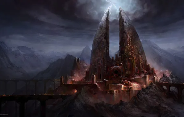 Bridge, castle, zipper, art, gloomy, Lord of The Rings, War In The North, Ilya Nazarov