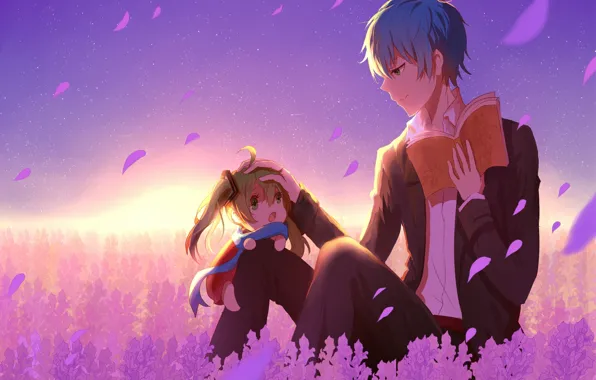 Picture sunset, anime, petals, art, girl, book, guy, vocaloid