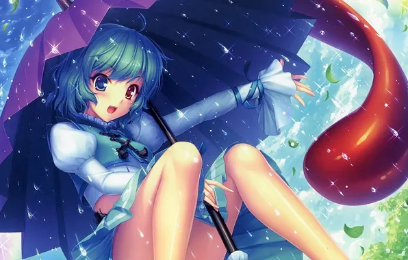 Greens, language, girl, rain, umbrella, art, leaves, touhou