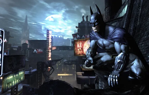 Picture roof, night, city, the city, batman, height, fist, watching