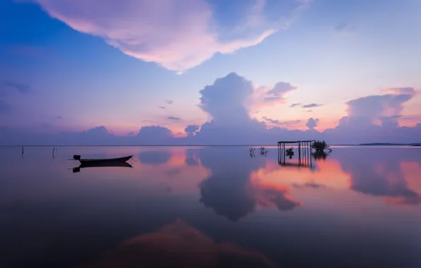 Sea, the sky, clouds, lake, reflection, boat, the evening