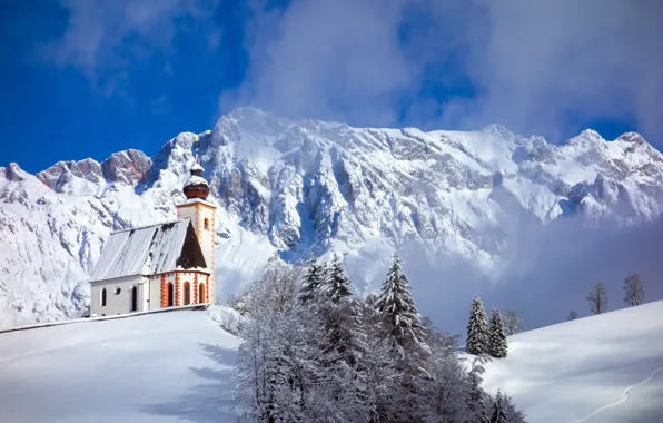 Picture winter, snow, trees, mountains, Austria, Church, Austria, Berchtesgaden Alps