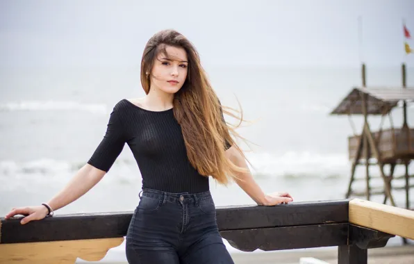 Picture sea, look, landscape, model, portrait, jeans, makeup, tower