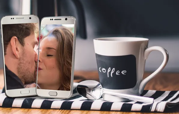 Photo, coffee, kiss, Cup, lovers, phones