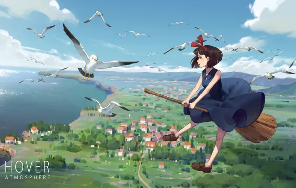 Birds, girl, broom, in the sky, Kiki, Kiki's Delivery Service