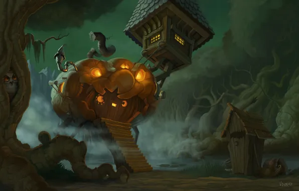 Forest, house, tree, owl, swamp, art, pumpkin, halloween