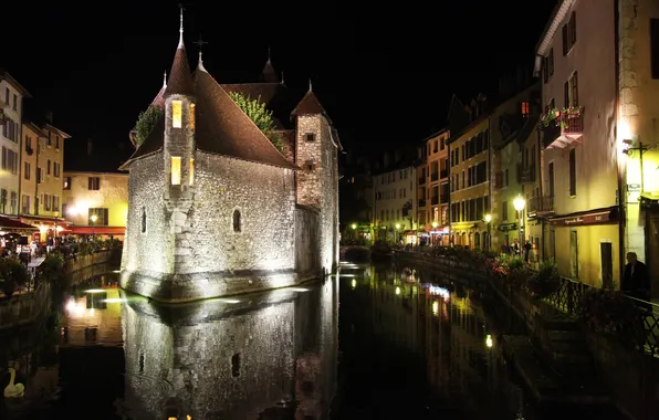 The sky, night, lights, river, France, home, channel, Annecy