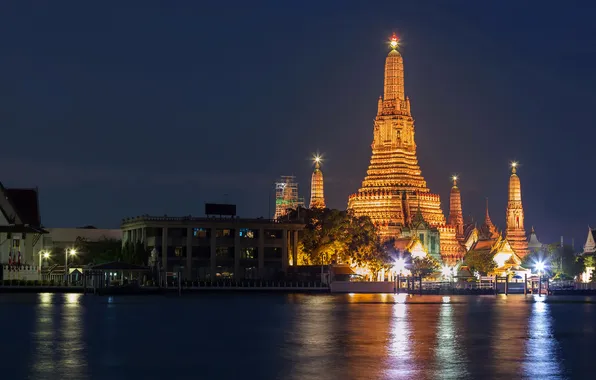 Picture night, lights, river, Thailand, Palace, Bangkok
