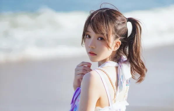 Beautiful, Asian, Model, Beach, Water, Woman, Ocean, Sea