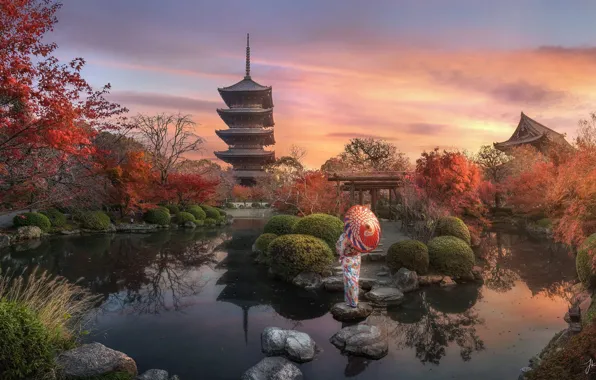 Autumn, landscape, sunset, nature, pond, stones, woman, Japanese