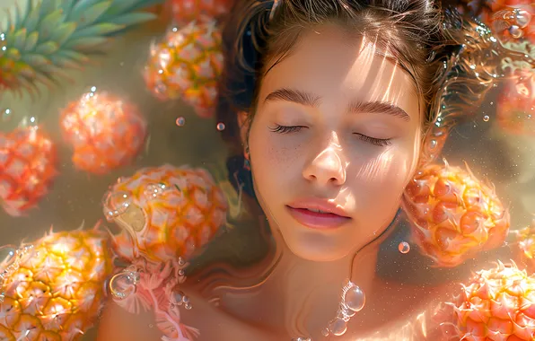 Water, girl, light, bubbles, face, pose, lies, shadows