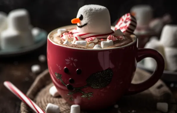 The dark background, Christmas, candy, mug, cane, Cup, New year, snowman