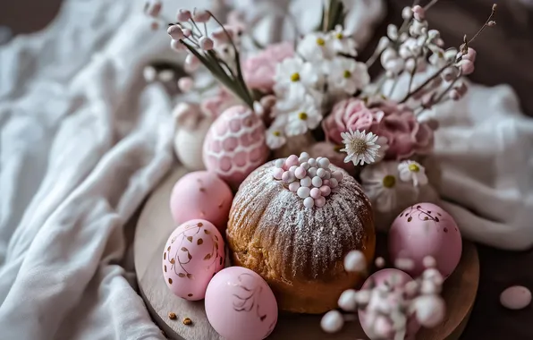 Flowers, table, holiday, eggs, bouquet, spring, Easter, fabric