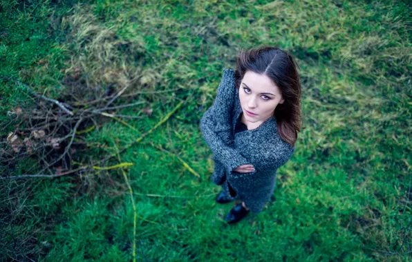 Picture look, girl, brunette, coat, bokeh, Maeva