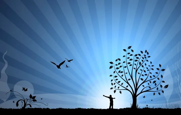 Picture the sky, birds, tree, mood, vector