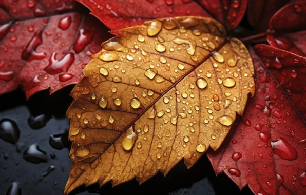 Autumn, leaves, water, drops, background, rain, close-up, water