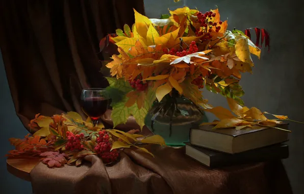 Leaves, branches, berries, glass, books, vase, maple, drink