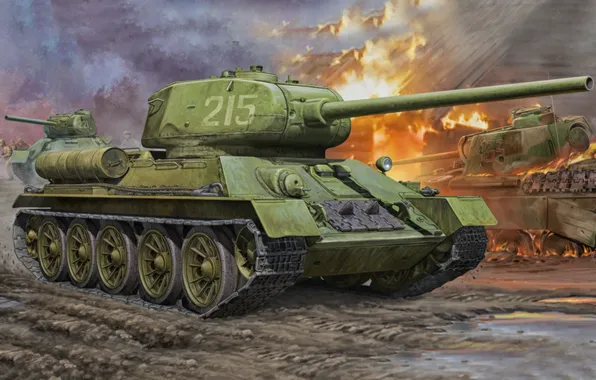 Picture war, art, painting, ww2, T-34-85.tank