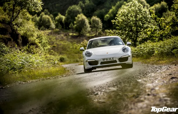 Road, white, grass, trees, 911, Porsche, Top Gear, supercar