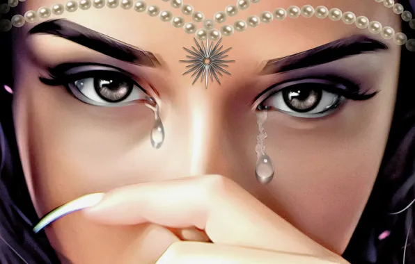 Girl, Look, Pearl, Face, Eyes, Art, Finger, Tears