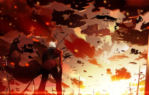 The sky, clouds, sunset, weapons, anime, art, guy, skyt2