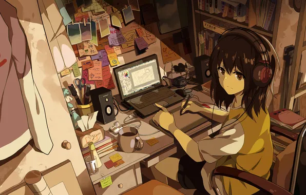 Computer, headphones, art, drawings, girl, laptop, yanshoujie