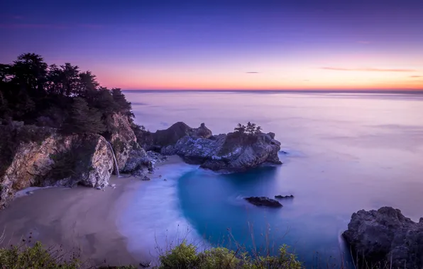 Sunset, Water, Sand, Sea, Beach, Rocks, Trees, Horizon