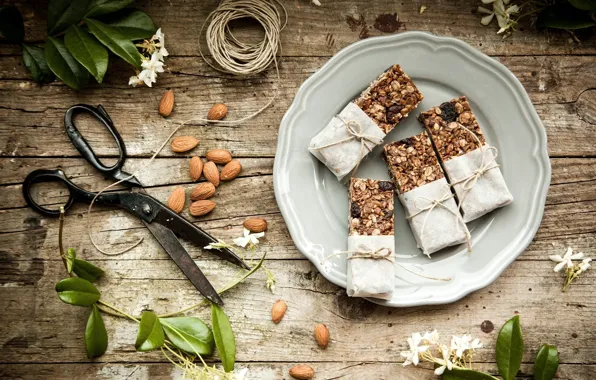 Flowers, cookies, nuts, dessert, wood, almonds