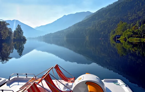 Forest, mountains, lake, morning