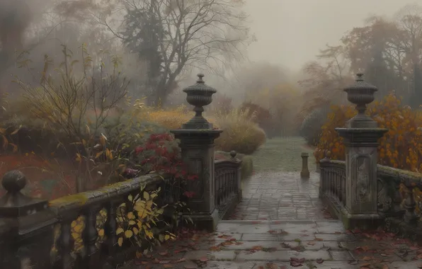 Autumn, trees, fog, Park, rain, overcast, foliage, tile