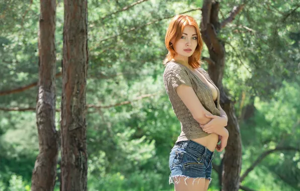 Look, girl, sexy, shorts, red, blouse, cutie, nature