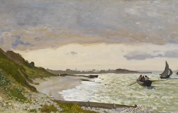 Picture shore, boat, picture, seascape, Claude Monet, The coast at Sainte-Adresse