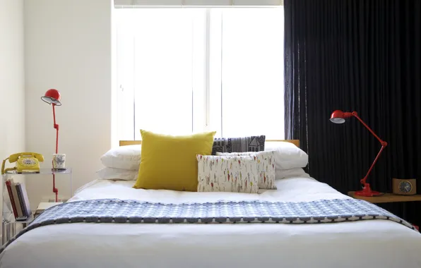 Yellow, lamp, bed, pillow, window, phone