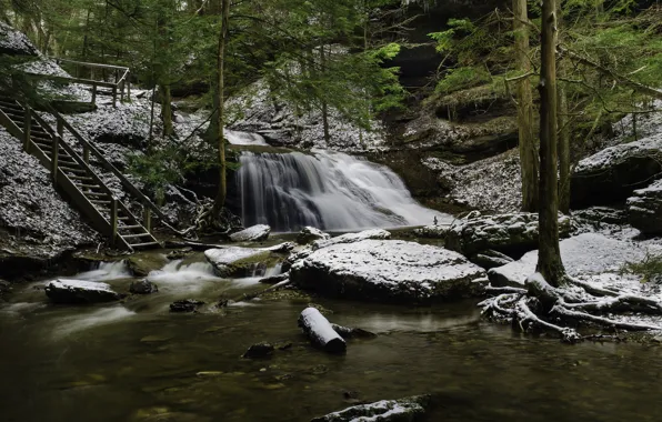 Nature, Winter, Stream, Waterfall, Trees, River, Snow, Forest