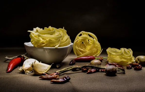 The dark background, table, pepper, bowl, still life, sharp, vegetables, olives