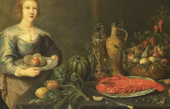 Picture oil, portrait, picture, Monogrammist, Young woman at table with fruit, 1675, The monogrammist