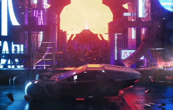 Auto, The city, Neon, Machine, Rain, Movie, Art, Art