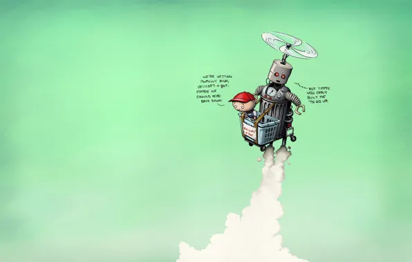 Picture flight, situation, basket, robot, humor, boy, helicopter, situations