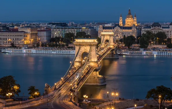 Night, blue hour, Hungary, Budapest, Széchenyi chain bridge, Danube River, Roman Catholic, St. Stephen's Basilica