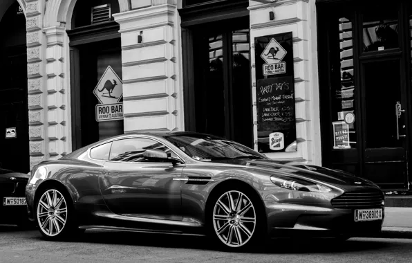 Photo, street, coupe, black and white, car, Aston Martin DBS, the British company Aston Martin, …