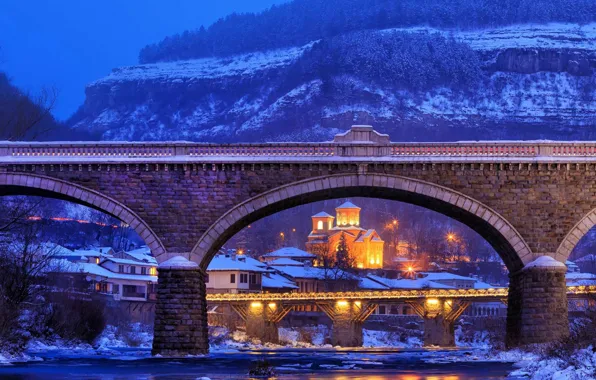 Picture winter, mountains, bridge, lights, Church, Bulgaria, Veliko Tarnovo