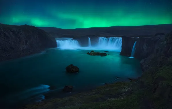 The sky, mountains, night, stones, rocks, shore, waterfall, Northern lights